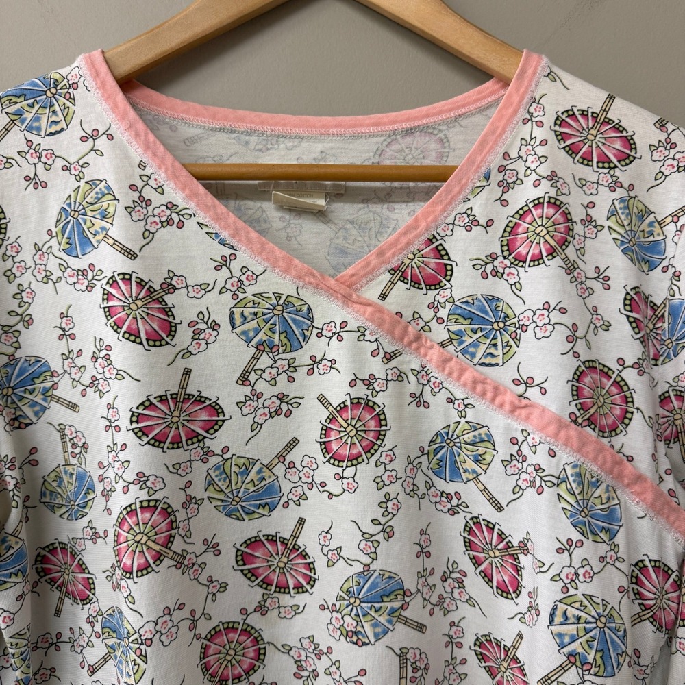 Green Cotton Womens Parasol Cherry Blossom V-Neck Long Sleeve Lounge Top Small - Picture 3 of 11